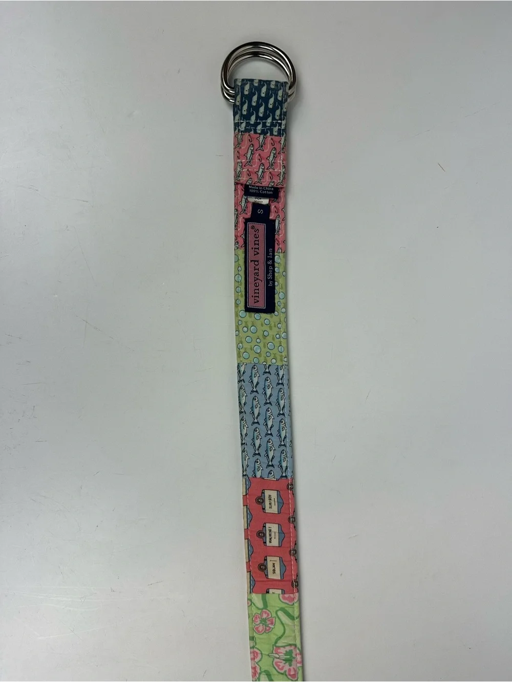 Vineyard Vines PatchworkNantucket D-Ring Fabric Belt in Pink, Blue, Green
